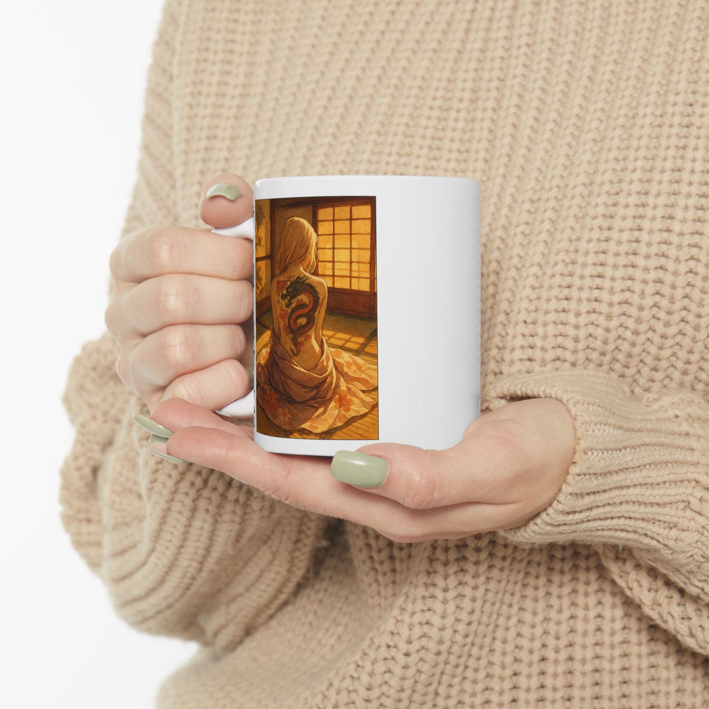 Dragon Tattoo Mug – Emotional Back View Anime Coffee Cup, Quiet Japanese Room Scene Gift for Writers, Artists, and Poetic Souls