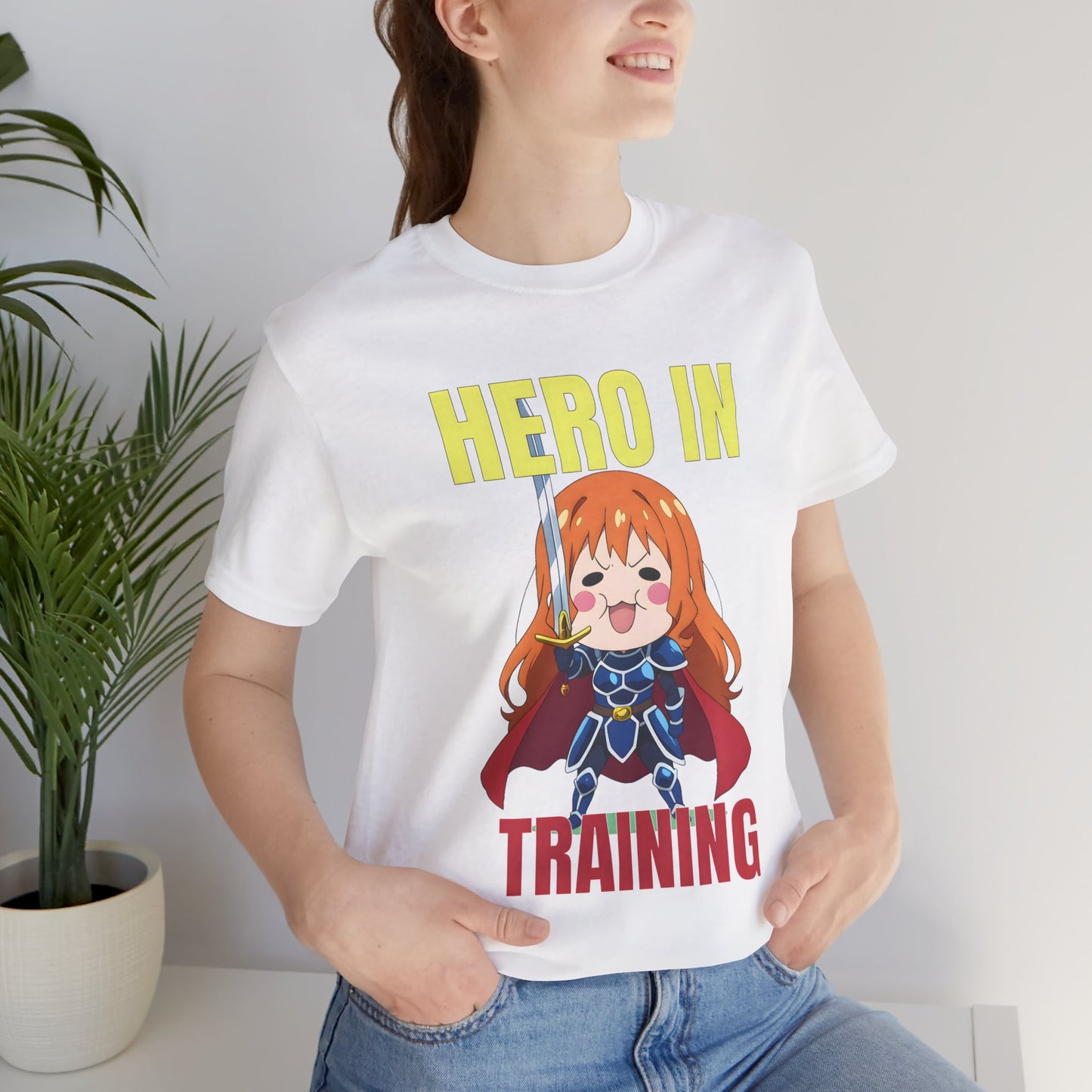 Anime Hero T-Shirt – Chibi Knight Girl “Hero in Training” Tee, Cute Fantasy Graphic Shirt, Encouraging Otaku Gift for Gamers and Dreamers