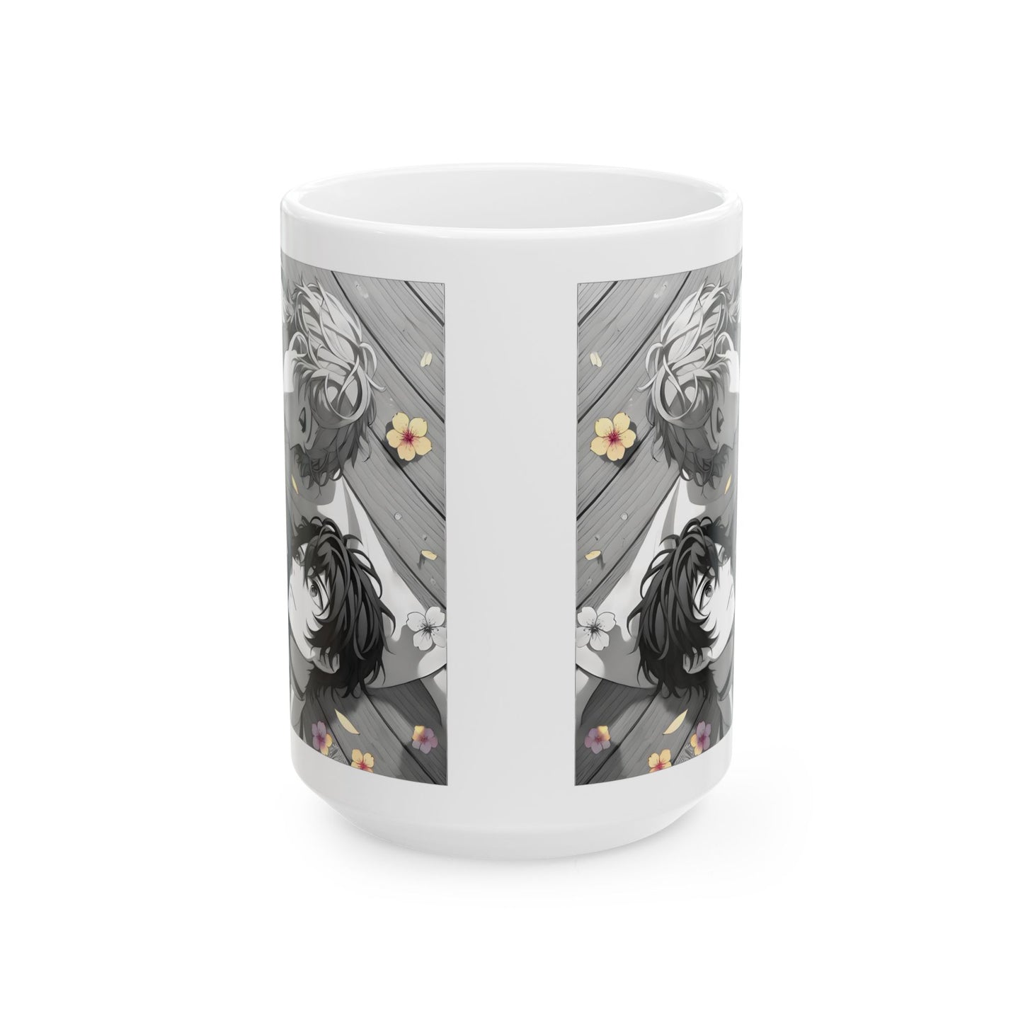 BL Anime Mug – Soft Boys Lying in Petals, Gentle Eye Contact Scene, Emotional Yaoi Coffee Cup for Quiet Love Moments