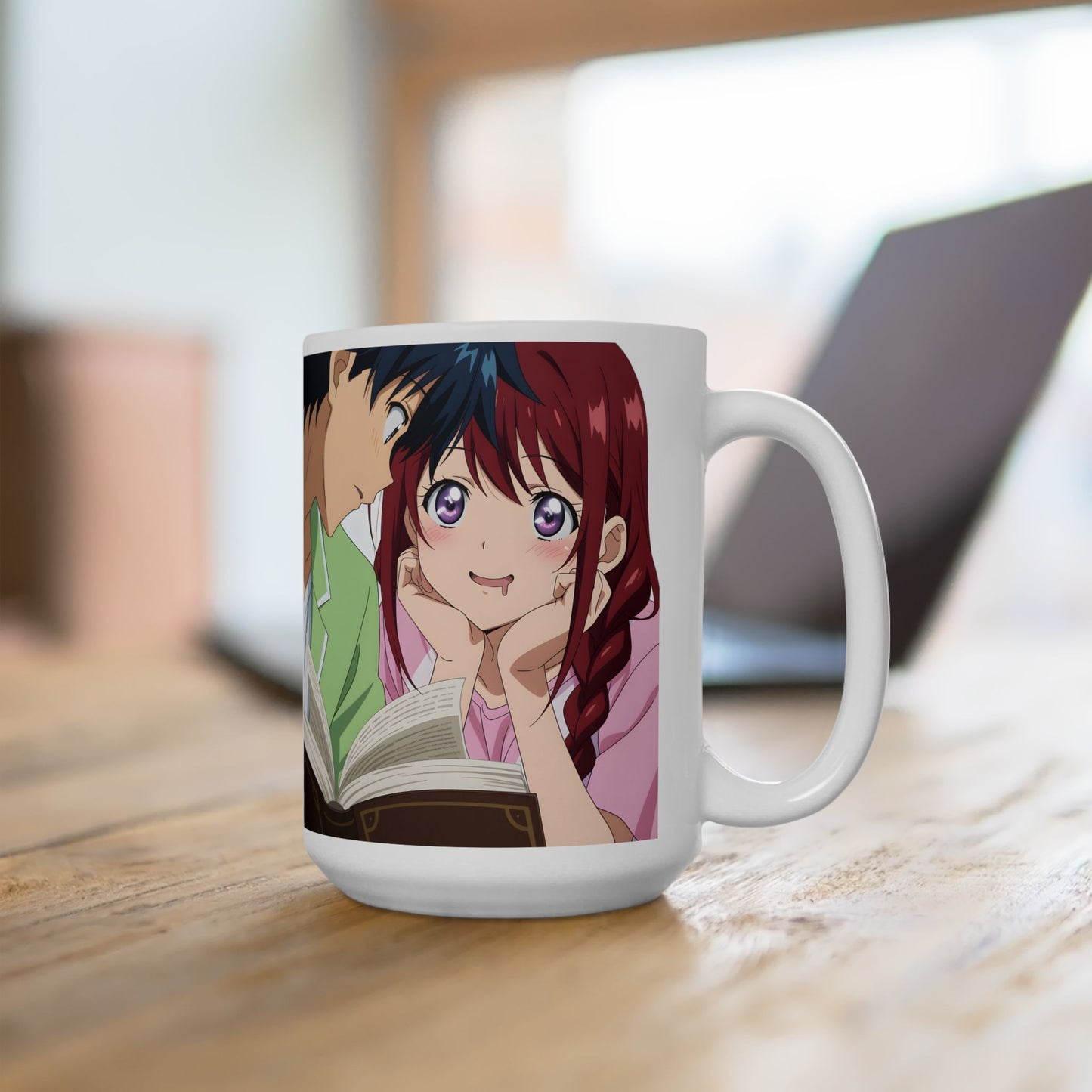 Cute Anime Mug – Blushing Distracted Girl Reading Scene, Daydreaming Anime Aesthetic Cup, Soft Romantic Funny Waifu Coffee Mug