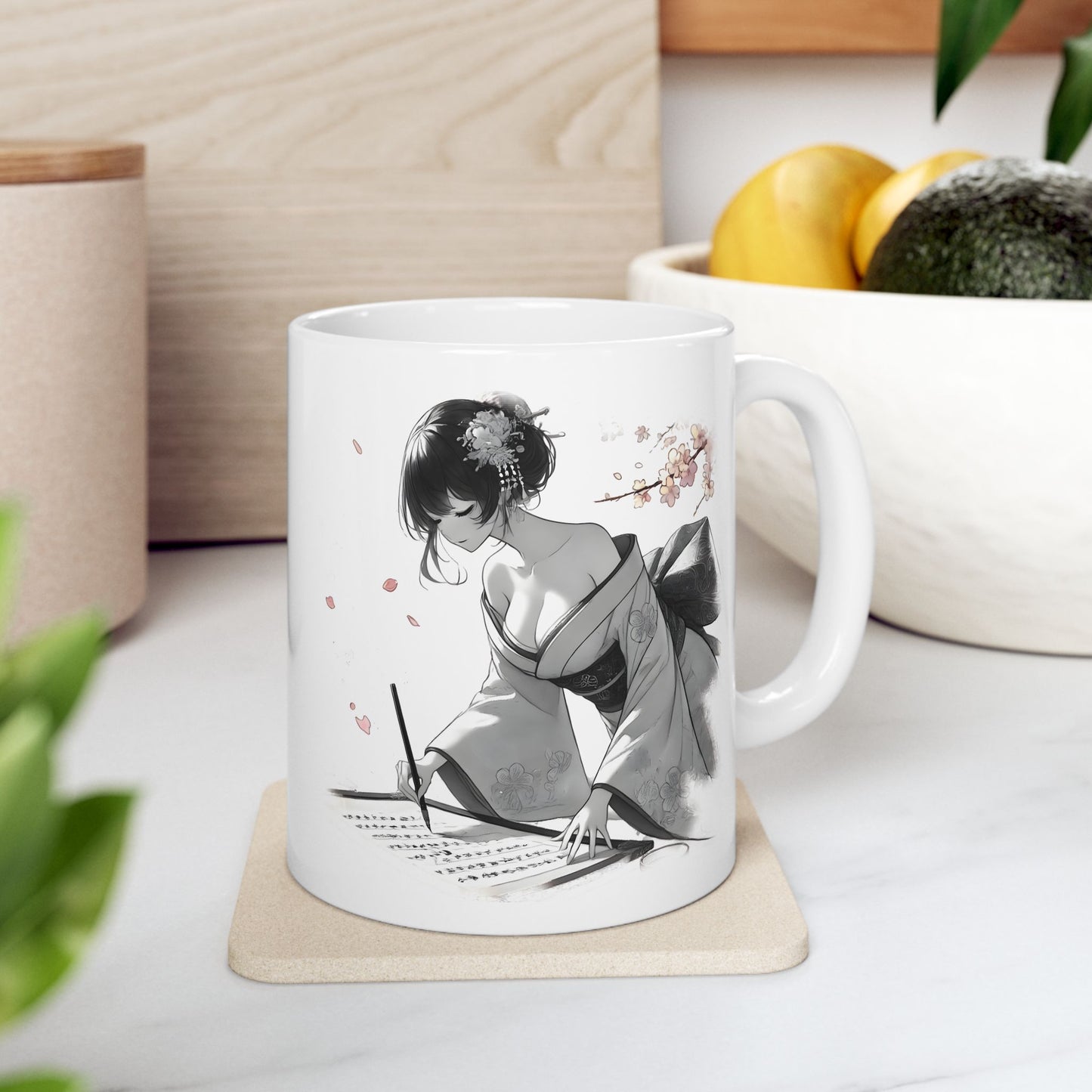 Geisha Writing Mug – Elegant Kimono Anime Girl Coffee Cup, Japanese Art Gift for Writers, Poets, and Feminine Aesthetic Collectors