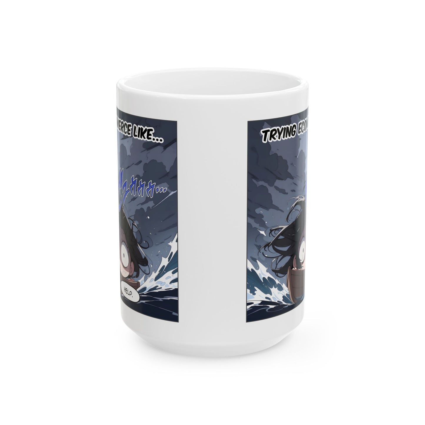 Anime Meme Mug – RUKO Drowning in Chaos, Funny Ecommerce Struggle Cup, Relatable Otaku Gift for Small Business Gremlins
