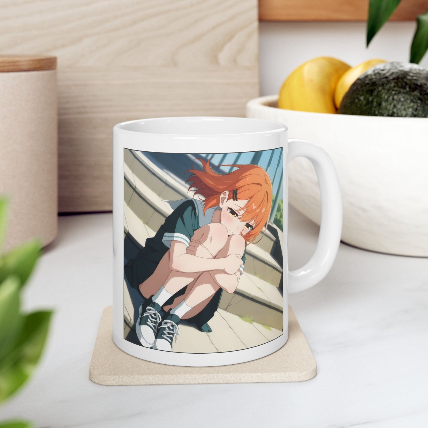 Sad Anime Girl Mug – Emotional Scene on School Steps, Quiet Gift for Soft Souls and Slice-of-Life Fans