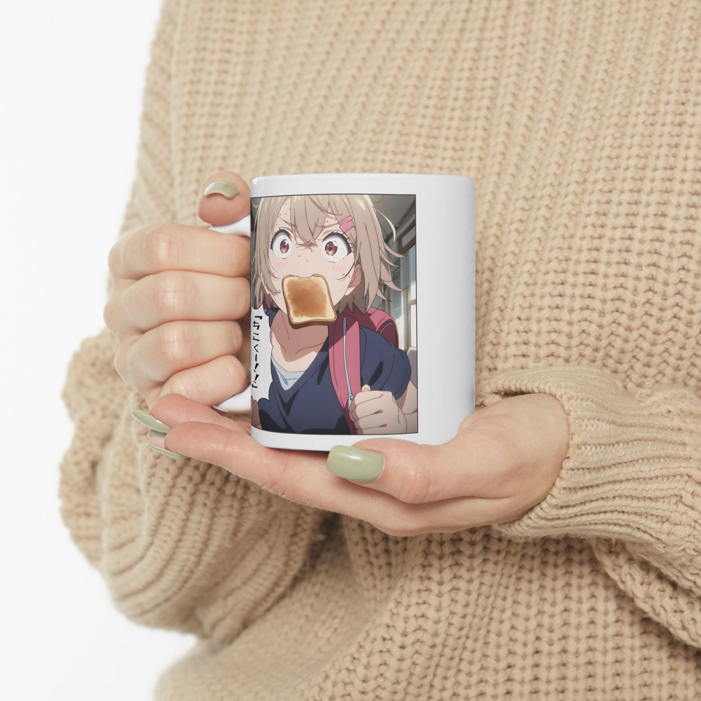 Running Late Mug – Funny Anime Girl Sprinting with Toast, Chaotic Morning Gift for Students and Otaku