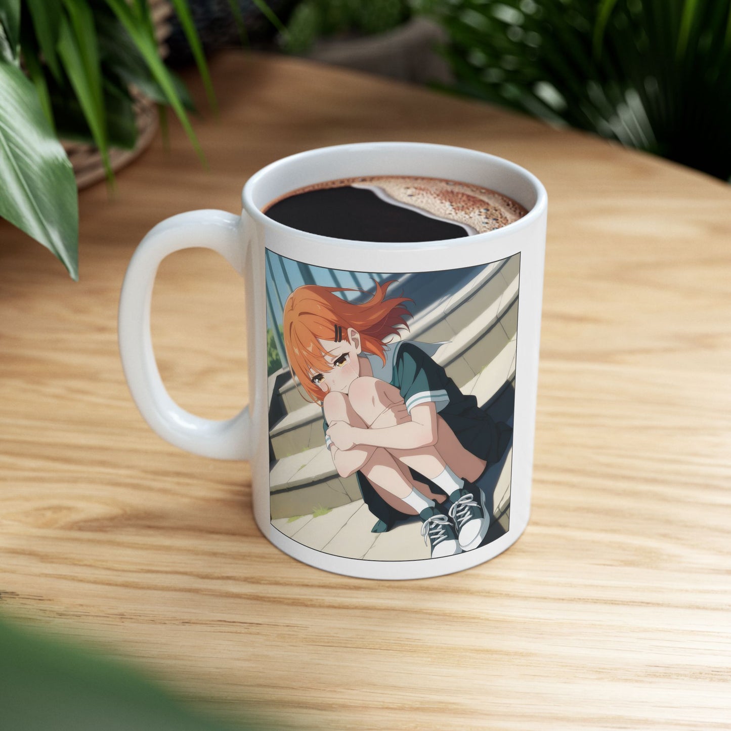 Sad Anime Girl Mug – Emotional Scene on School Steps, Quiet Gift for Soft Souls and Slice-of-Life Fans