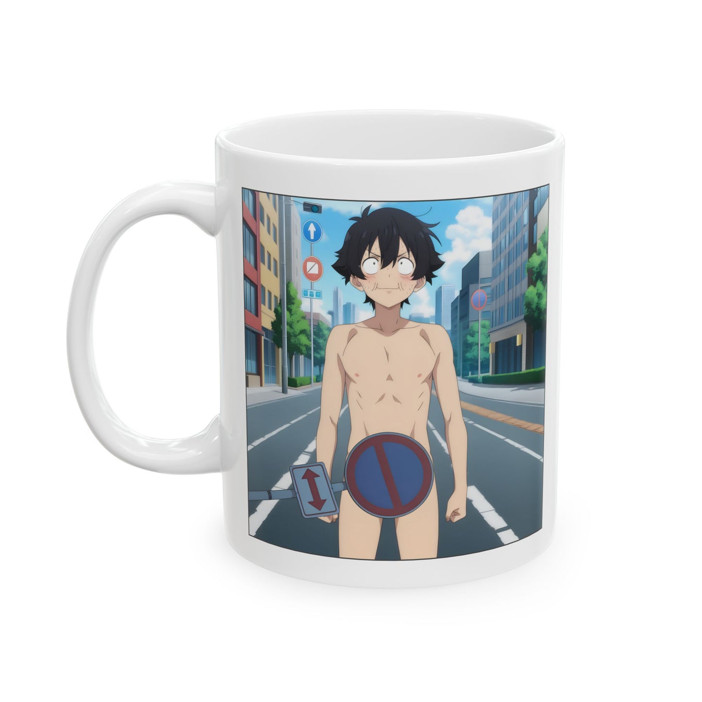 Isekai Meme Mug – Naked Summon Gone Wrong, Funny Anime Coffee Mug, Hilarious Traffic Sign Censorship Gag, Gift for Otaku and Chaos Lovers