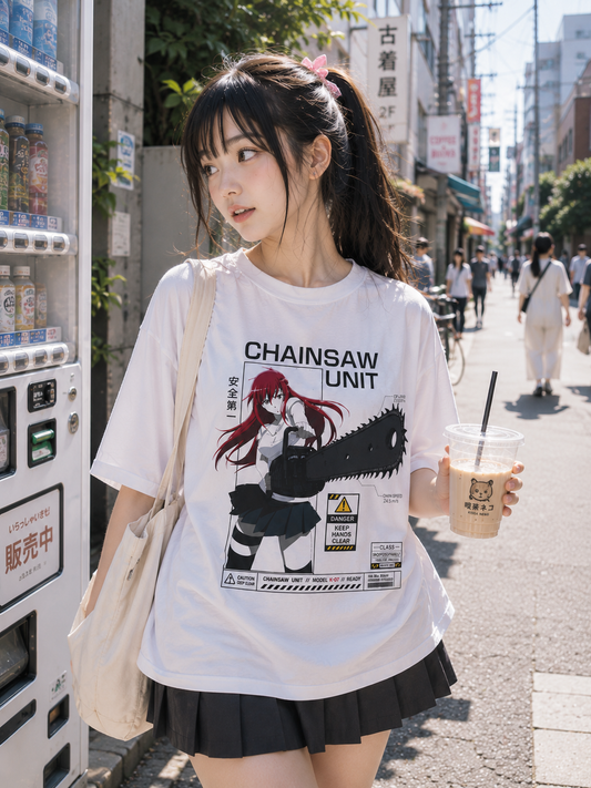 Cute Japanese model wearing a white Chainsaw Unit anime graphic T-shirt while holding an iced coffee on a sunny Japanese shopping street.