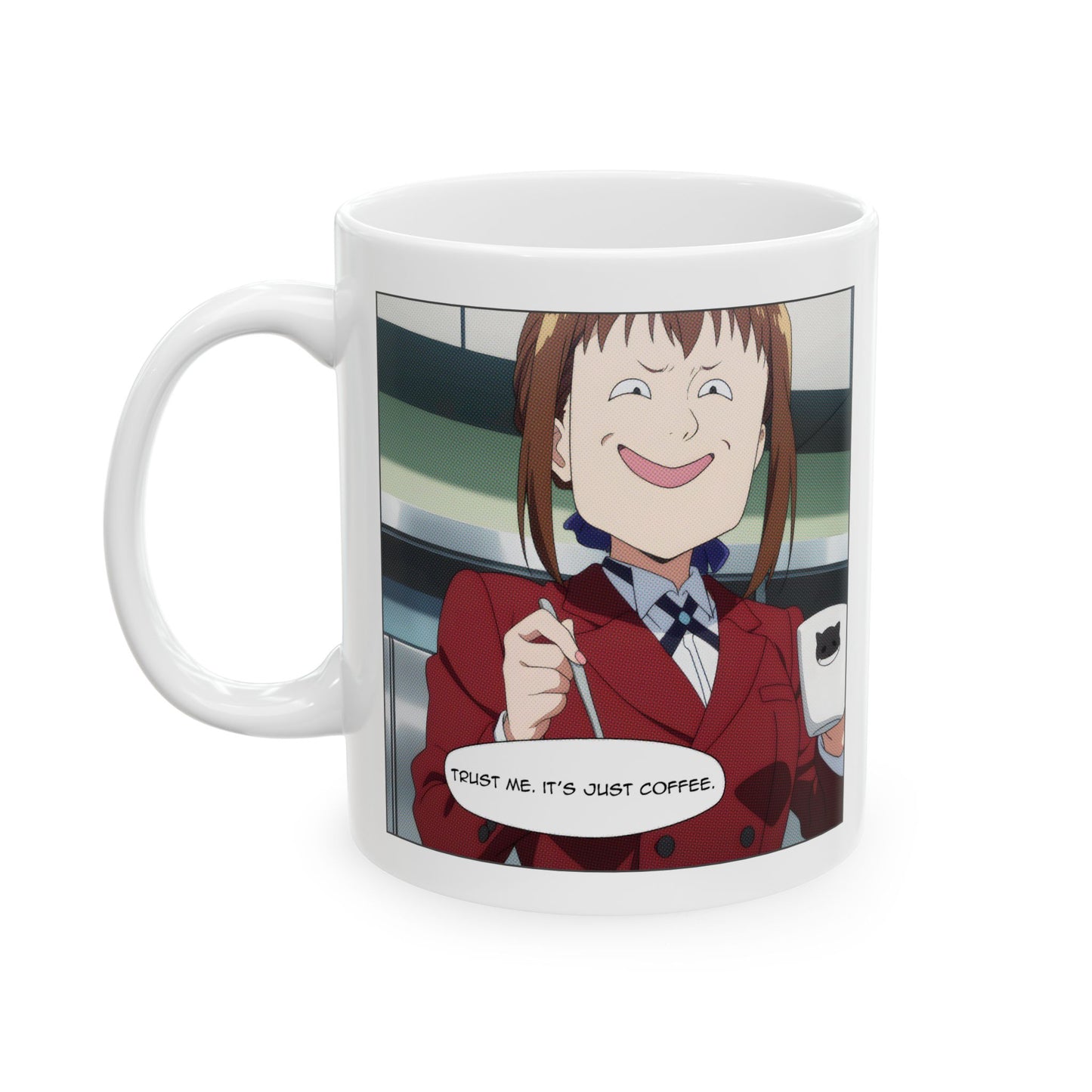 Anime coffee mug featuring a suspicious anime girl in a red blazer holding a cup with a too-wide smile and a speech bubble saying, “Trust me. It’s just coffee.” The design has a bright background with green and gray tones, emphasizing her cheeky, guilty expression. Perfect for funny otaku mornings, work chaos, or anyone who drinks their coffee like it’s a cover story. A hilarious, relatable anime meme moment captured on a ceramic mug.
