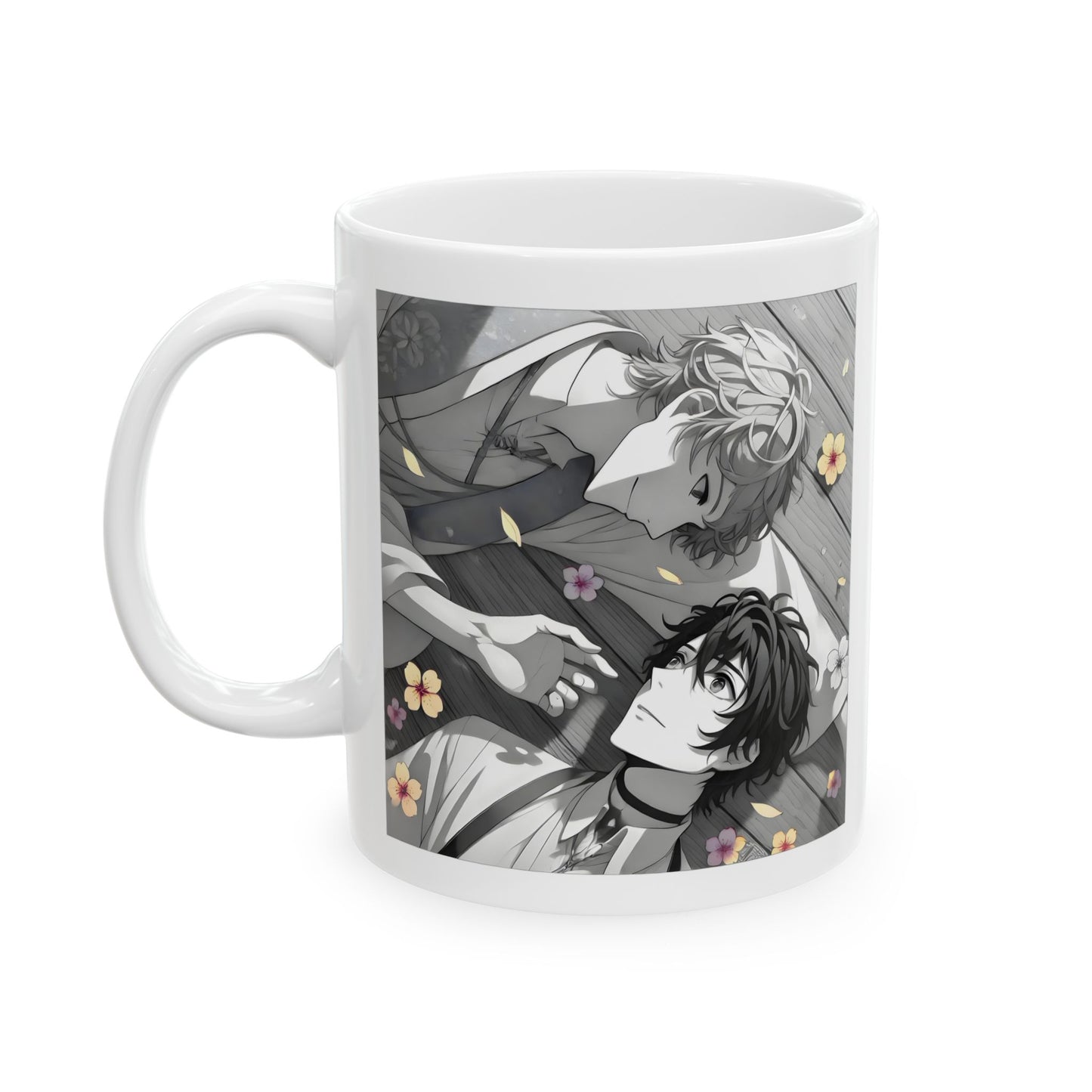 BL anime mug featuring two soft boys lying in a bed of flower petals, surrounded by a peaceful, muted atmosphere. One boy with tousled light hair gazes down gently while the other looks back with wide, open emotion. Their hands are almost touching, suggesting intimacy without pressure. Warm tones and scattered petals create a sense of romantic stillness and quiet vulnerability. A perfect design for fans of emotional yaoi moments, slow-burn connection, and tender BL storytelling.