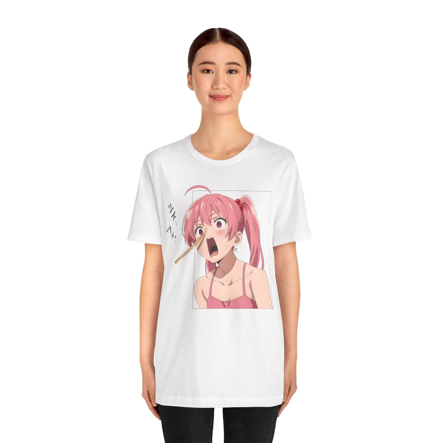 Funny anime t-shirt featuring a pink-haired anime girl mid-scream with a chopstick jammed in her nose, eyes wide in shock and betrayal. She wears a red camisole and stares forward in chaotic disbelief. The print design mimics an anime panel, making the shirt feel like a freeze-frame meme in real life. Perfect for otaku with unhinged humor, ramen-induced trauma, and a deep appreciation for chaotic aesthetic energy.