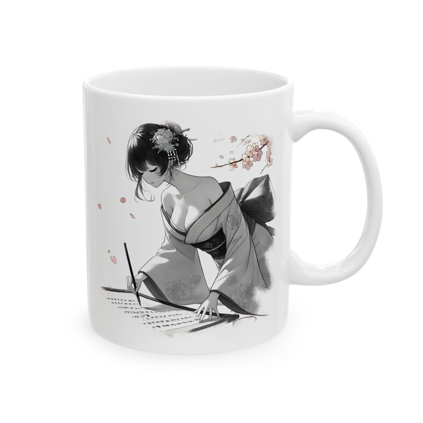 Geisha writing mug featuring a soft grayscale illustration of a beautiful anime-style geisha kneeling with a brush, writing kanji as petals fall around her.