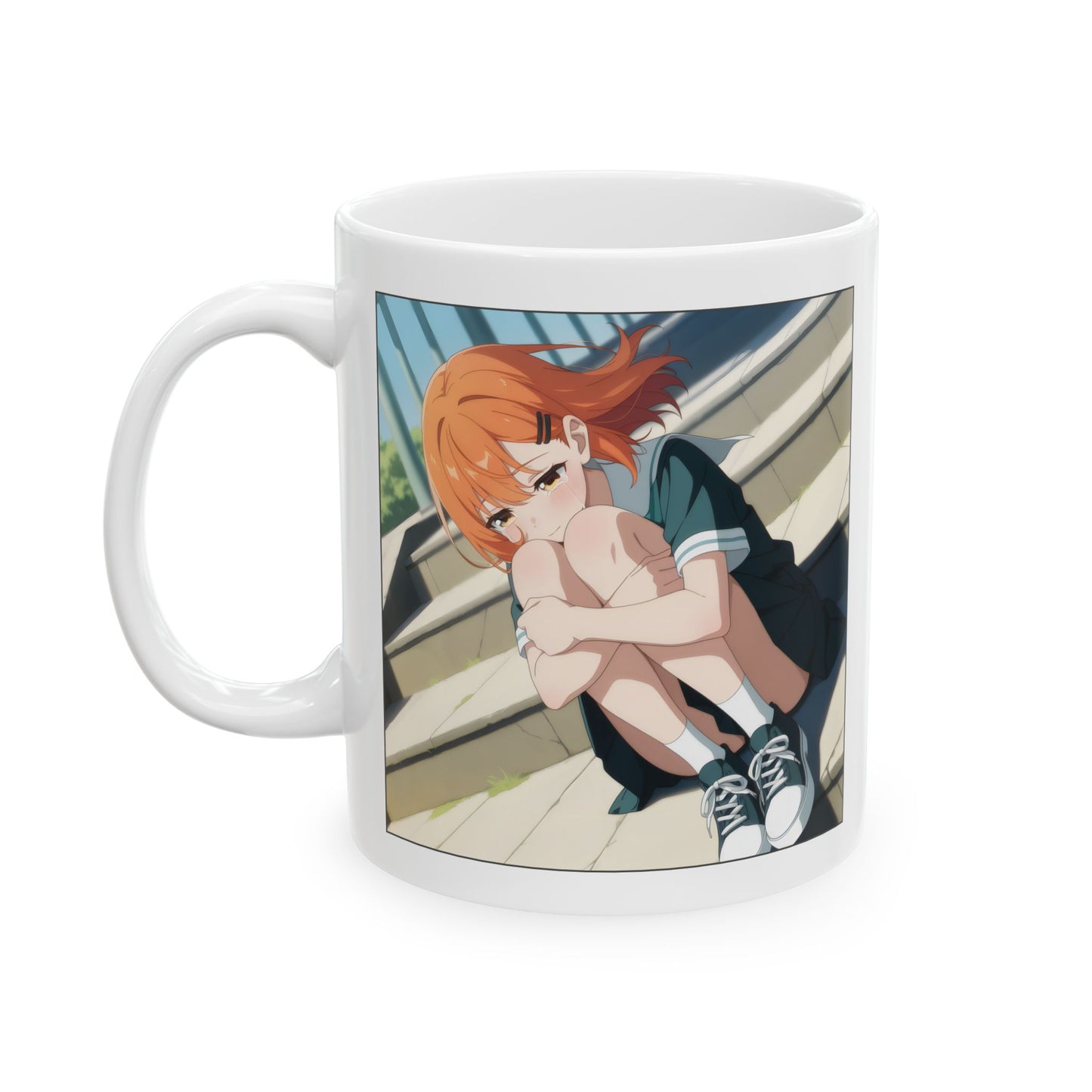Sad anime girl mug showing a detailed, emotional illustration of a wind-blown schoolgirl sitting alone on outdoor steps. She hugs her knees with a quiet, pensive expression, her orange hair tousled, posture gentle and reflective. The art captures a feeling of stillness and emotional overwhelm. Perfect for slice-of-life anime fans or anyone who resonates with soft sadness and introspective moments.