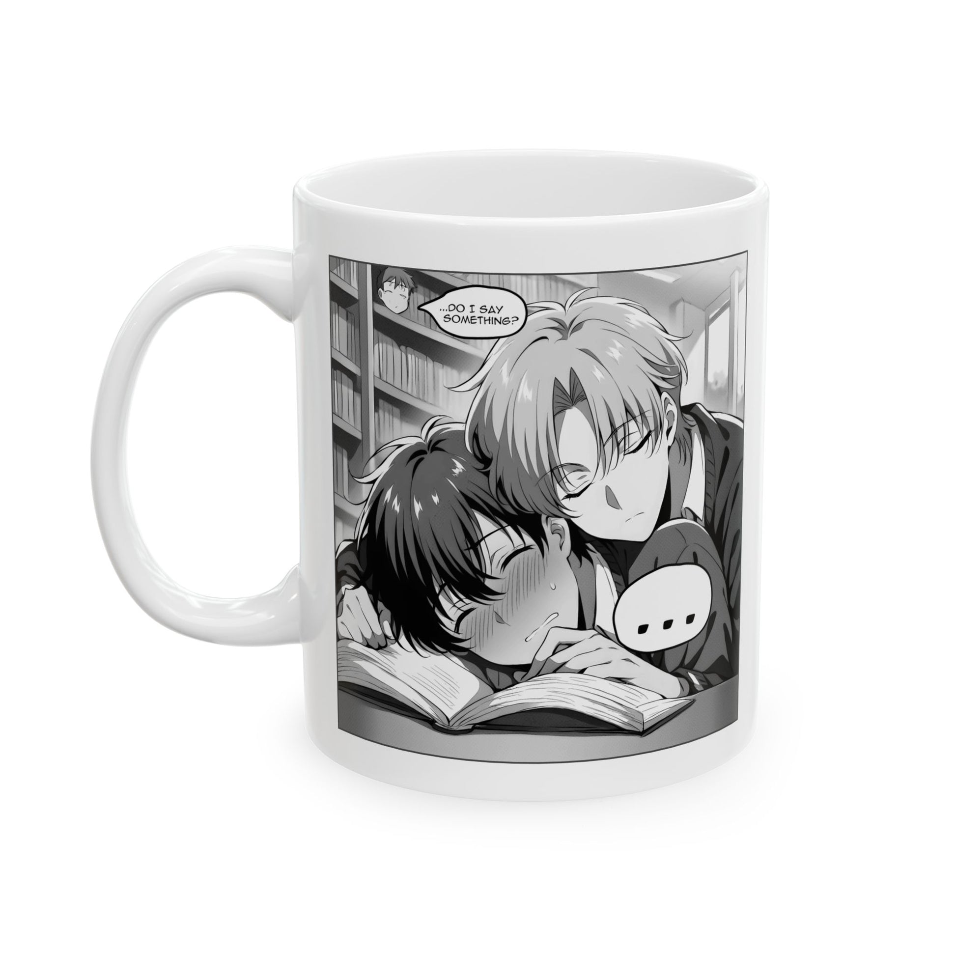 Tender BL mug with grayscale manga art showing two boys in a soft, affectionate study scene. One rests his head while the other leans gently, adding a romantic and cozy mood.