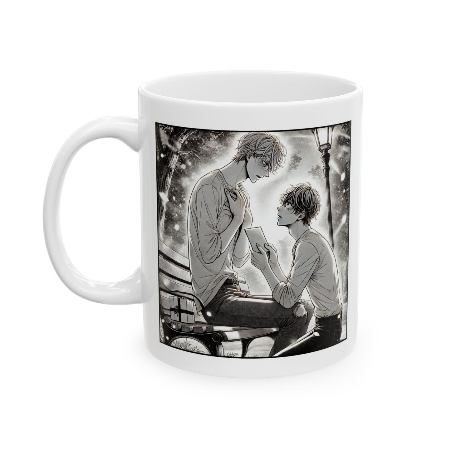 Yaoi BL mug showing two boys in a soft grayscale manga scene, sharing a tender moment on a park bench under lamplight. A romantic and heartfelt design for fans of Boys Love and emotional storytelling.