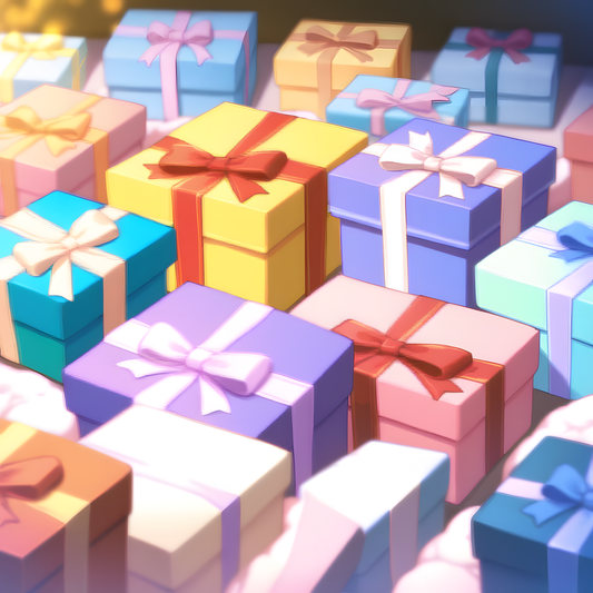 Anime-style illustration of colorful gift boxes with ribbons in soft pastel tones, used as the featured image for a 2025 anime gift guide blog post with unique gift ideas for fans.
