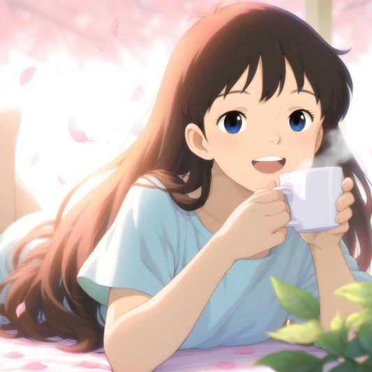 Cozy anime-style illustration of a cheerful girl with long brown hair holding a white steaming coffee mug while relaxing under cherry blossom petals, used as the featured image for an article about anime mugs, tees, and aesthetic merch trends.