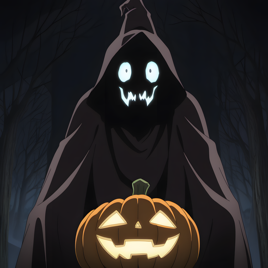 Anime-style illustration of a spooky hooded figure holding a glowing jack-o’-lantern pumpkin, featured image for a 2025 anime Halloween gift guide blog post.