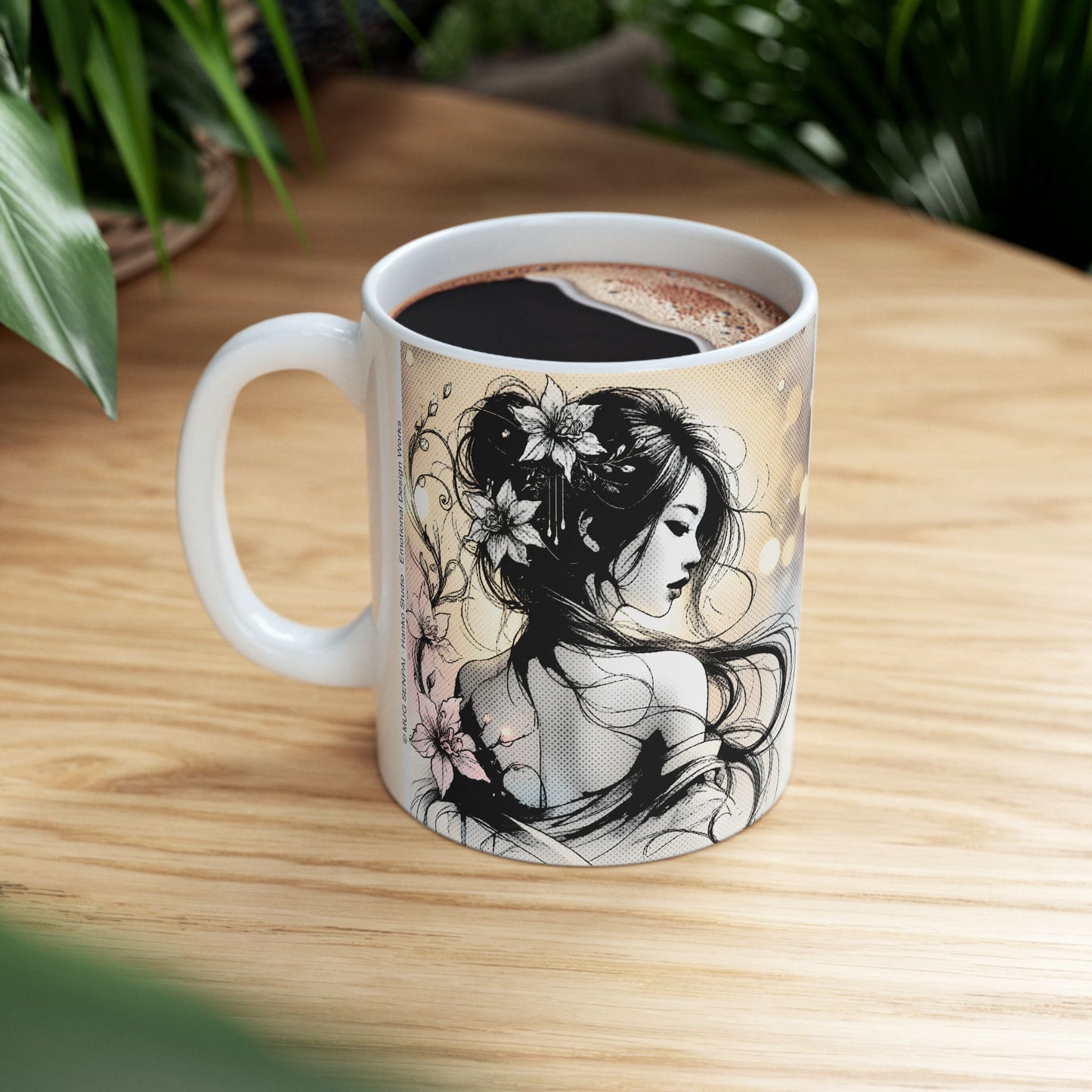Floral Manga Mug – Elegant Ink Line Art Girl, Soft Japanese-Inspired Flower Scene, Aesthetic Anime Coffee Cup