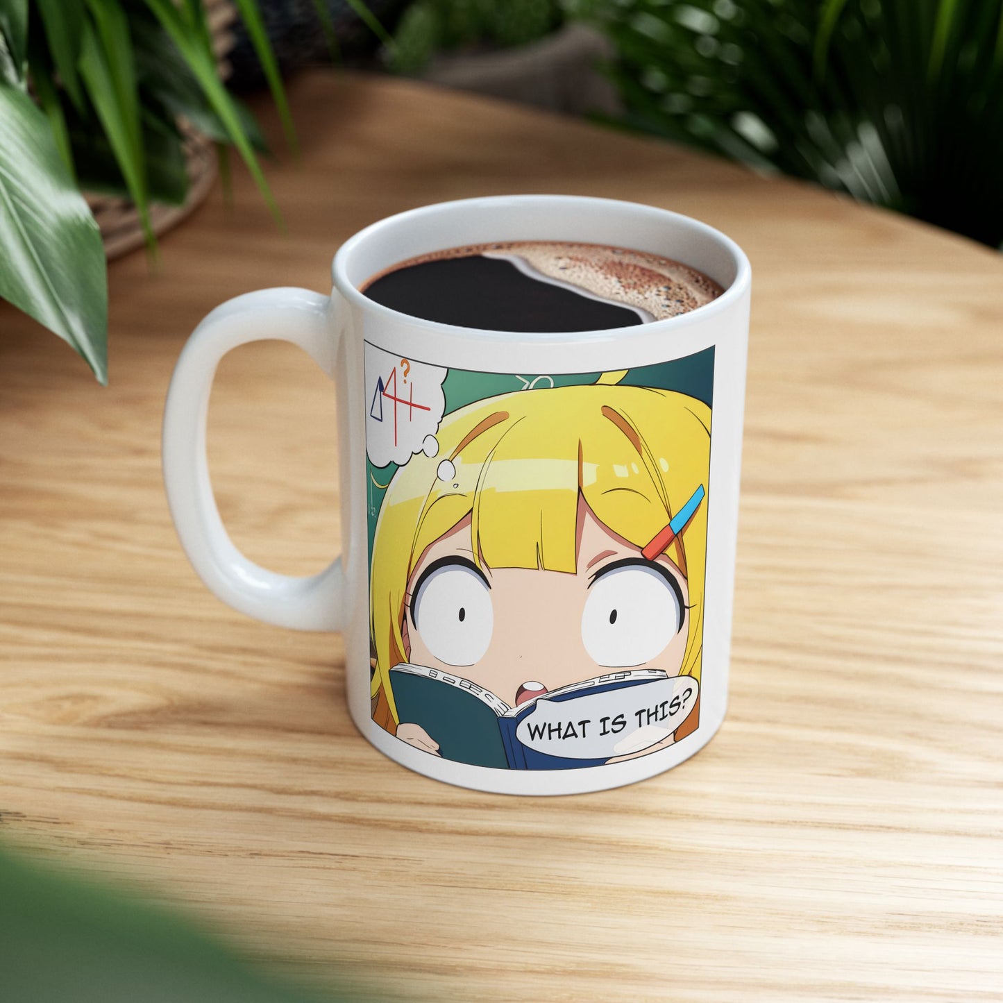 Math Struggle Mug – Confused Anime Girl with Book, Funny Exam Season Gift for Students and Study Survivors