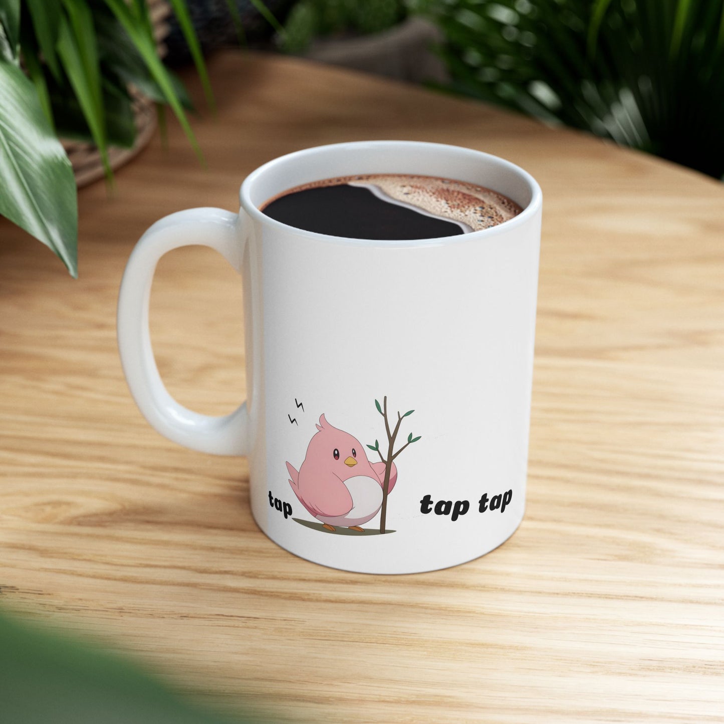 Cute Bird Meme Mug – Tap Tap PLAP Sound Cup, Kawaii Pink Birb Chaos, Funny Emotional Support Mug for Relatable Unhinged Mornings
