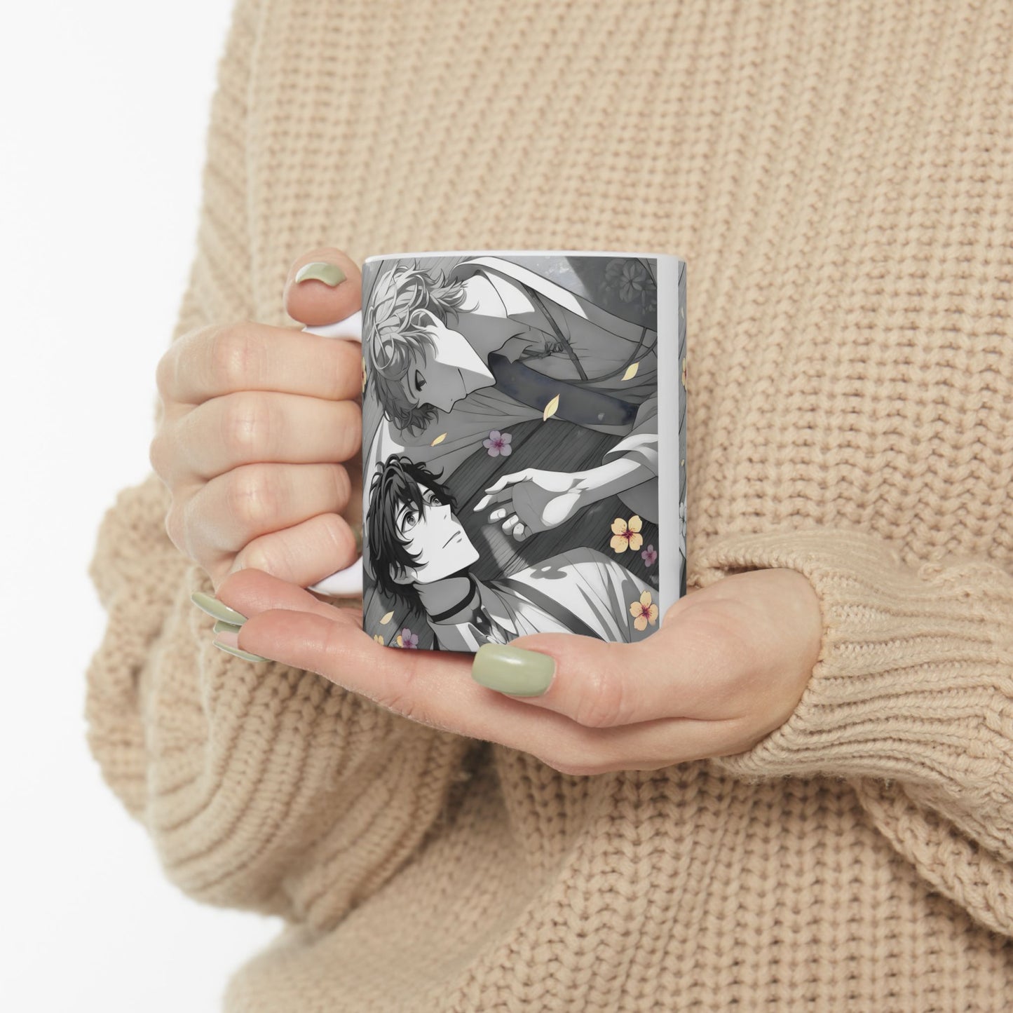 Boys Love Anime Mug – Soft Flower Petal Romance, Gentle BL Moment, Emotional Manga Coffee Cup