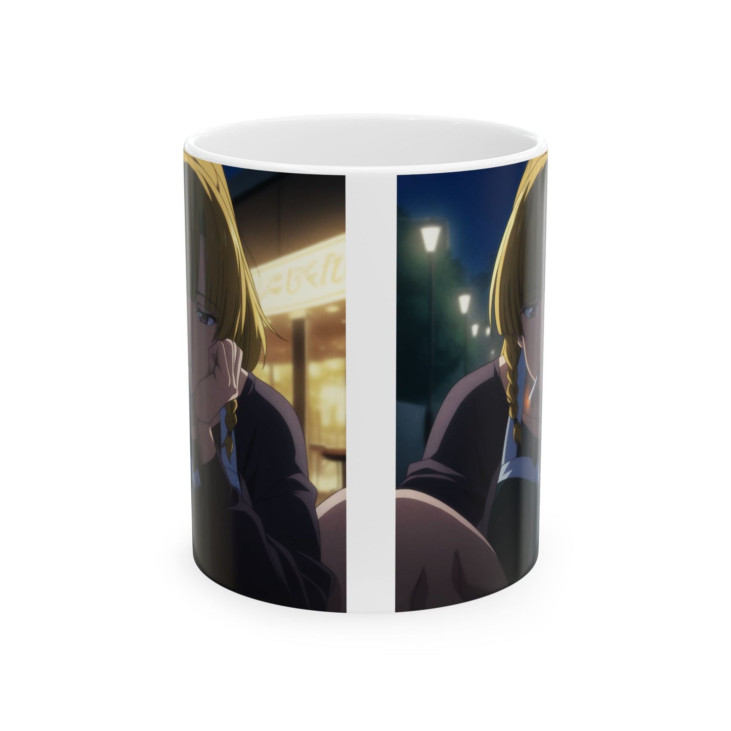 Anime Aesthetic Mug – Tired Night-Shift Girl, Moody Late-Night Bar Scene, Emotional Manga Coffee Cup