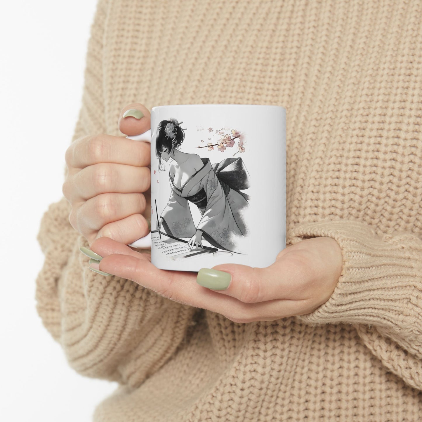 Geisha Writing Mug – Elegant Kimono Anime Girl Coffee Cup, Japanese Art Gift for Writers, Poets, and Feminine Aesthetic Collectors