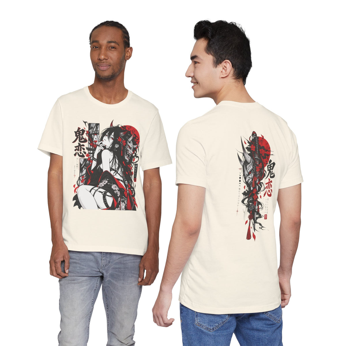 Anime Demon Girl Tee – Red Black Oni Mask Manga Art