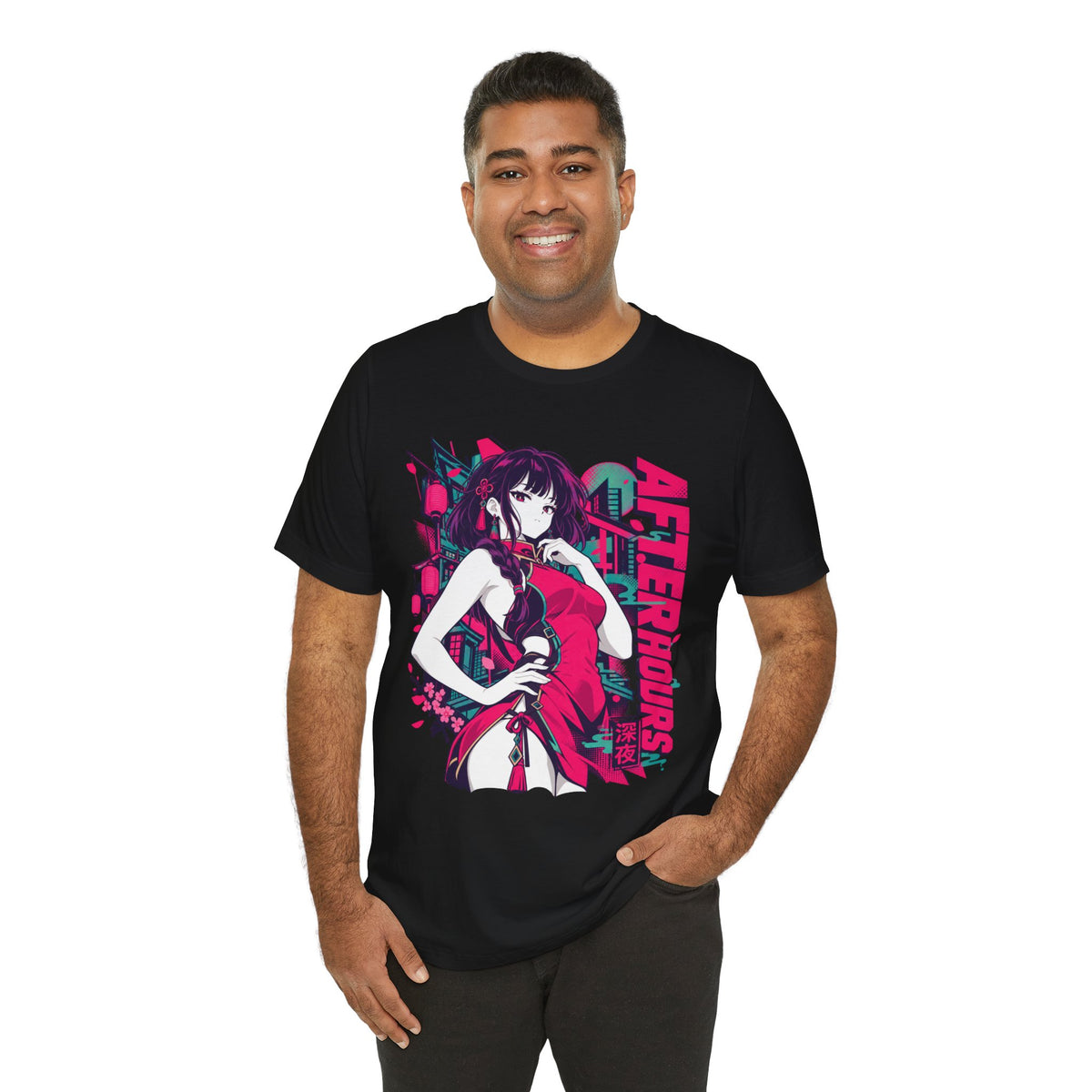 Anime Streetwear Tee – After Hours Neon Qipao Girl Graphic