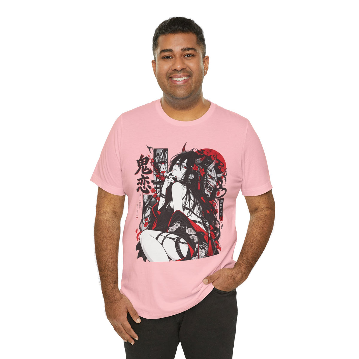 Anime Demon Girl Tee – Red Black Oni Mask Manga Art