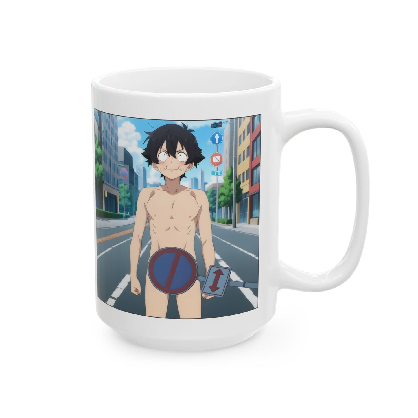 Isekai Meme Mug – Naked Summon Gone Wrong, Funny Anime Coffee Mug, Hilarious Traffic Sign Censorship Gag, Gift for Otaku and Chaos Lovers