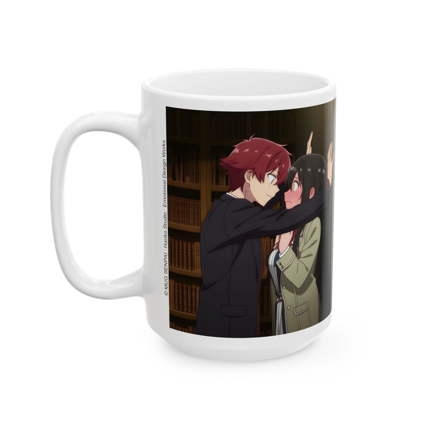 Anime Romance Mug – Heart-Stopping Kabe-Don Scene, Blushing Library Moment, Cute Couple Coffee Cup