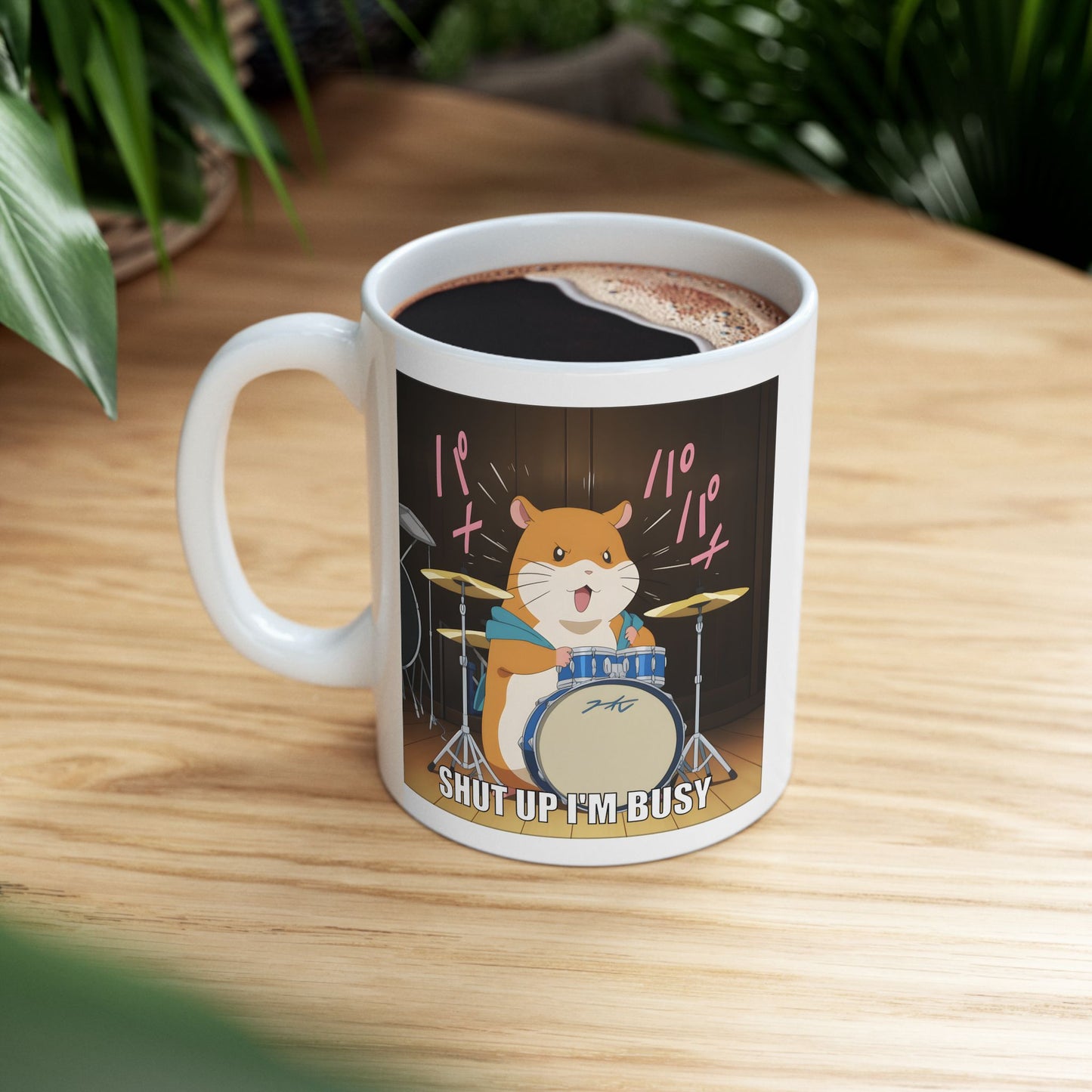 Hamster Meme Mug – Shut Up I’m Busy Drumming, Funny Kawaii Animal Cup for Office Gremlins, Overstimulated Otaku, and Loud Work Moods
