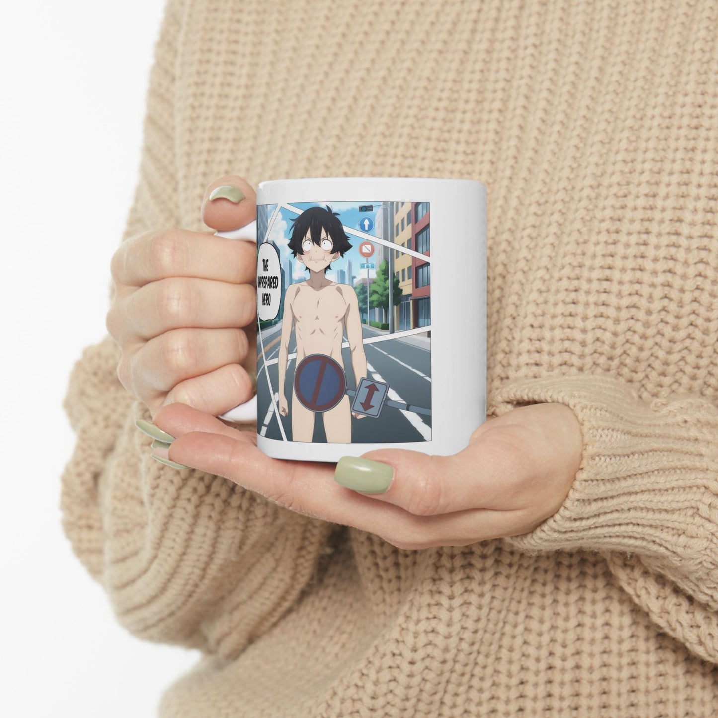 Isekai Meme Mug – Naked Summon Gone Wrong, Funny Anime Coffee Mug, Hilarious Traffic Sign Censorship Gag, Gift for Otaku and Chaos Lovers