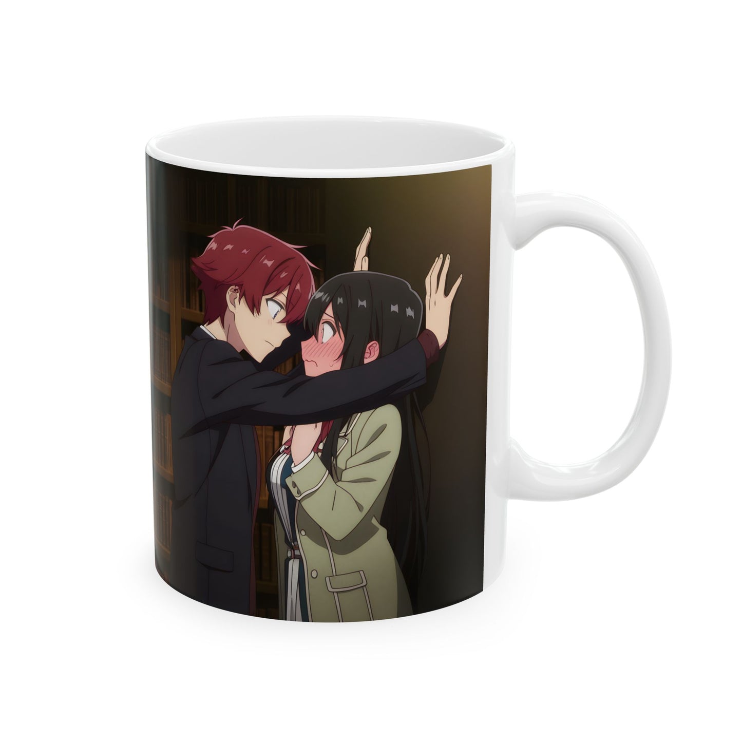Anime Romance Mug – Heart-Stopping Kabe-Don Scene, Blushing Library Moment, Cute Couple Coffee Cup