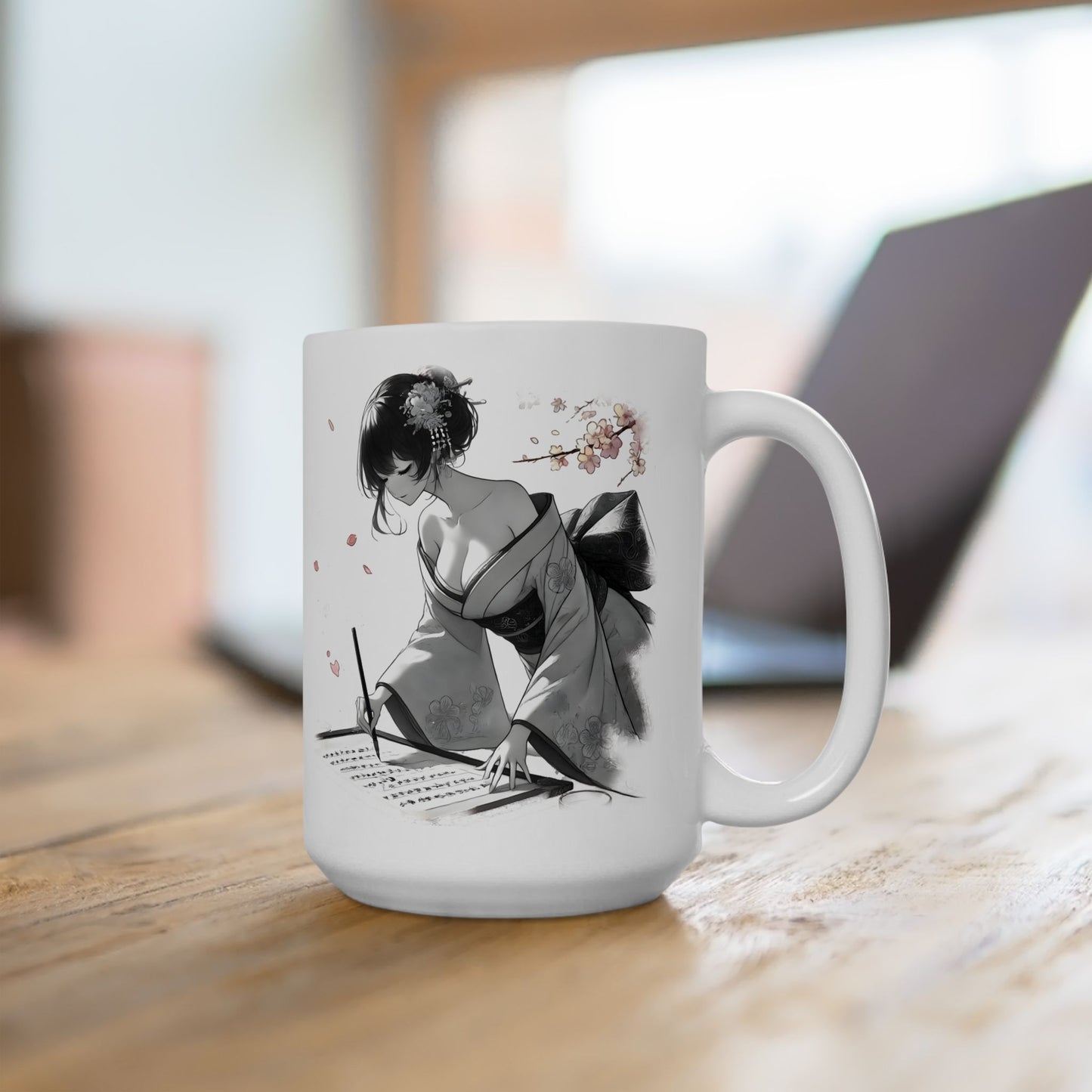 Geisha Writing Mug – Elegant Kimono Anime Girl Coffee Cup, Japanese Art Gift for Writers, Poets, and Feminine Aesthetic Collectors