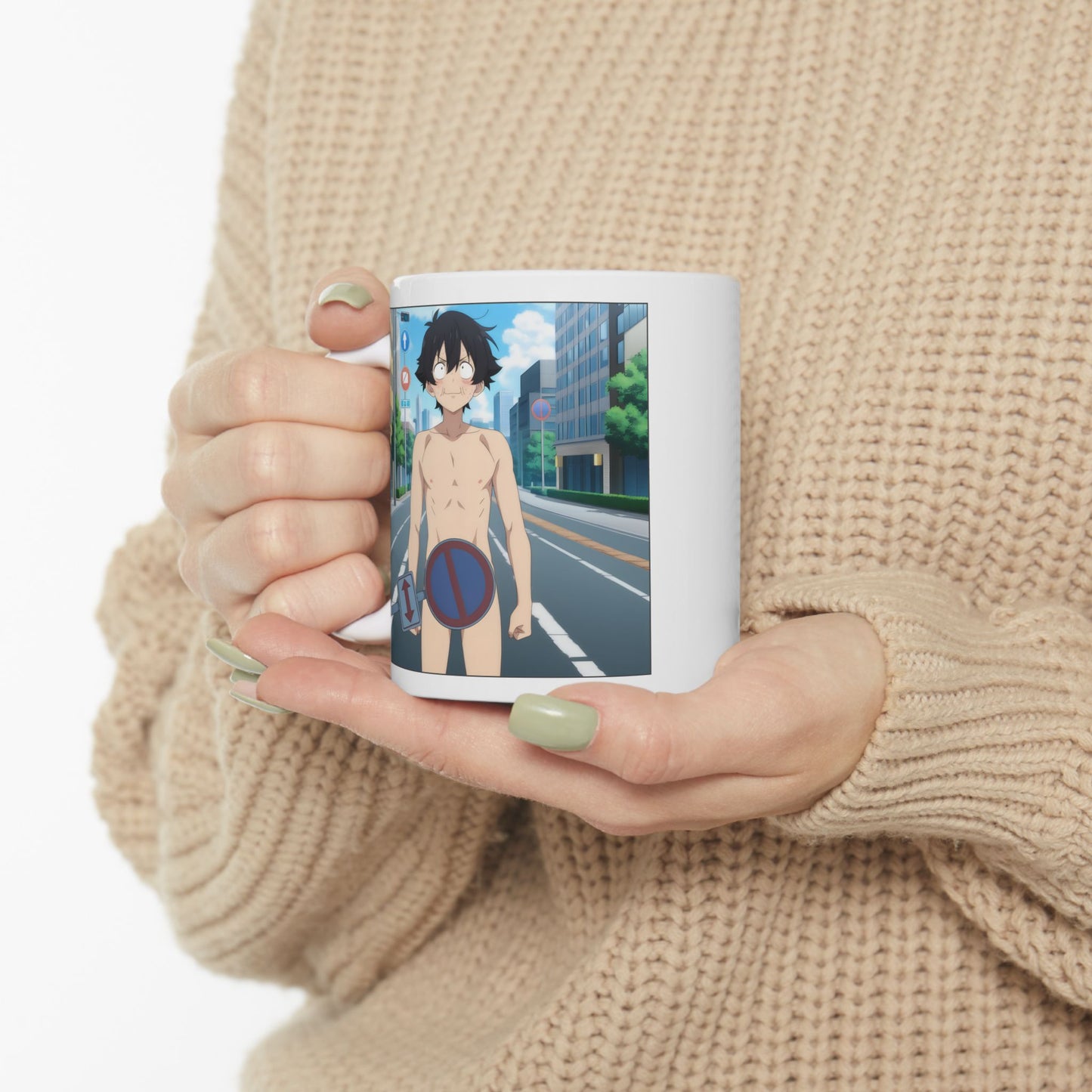 Isekai Meme Mug – Naked Summon Gone Wrong, Funny Anime Coffee Mug, Hilarious Traffic Sign Censorship Gag, Gift for Otaku and Chaos Lovers