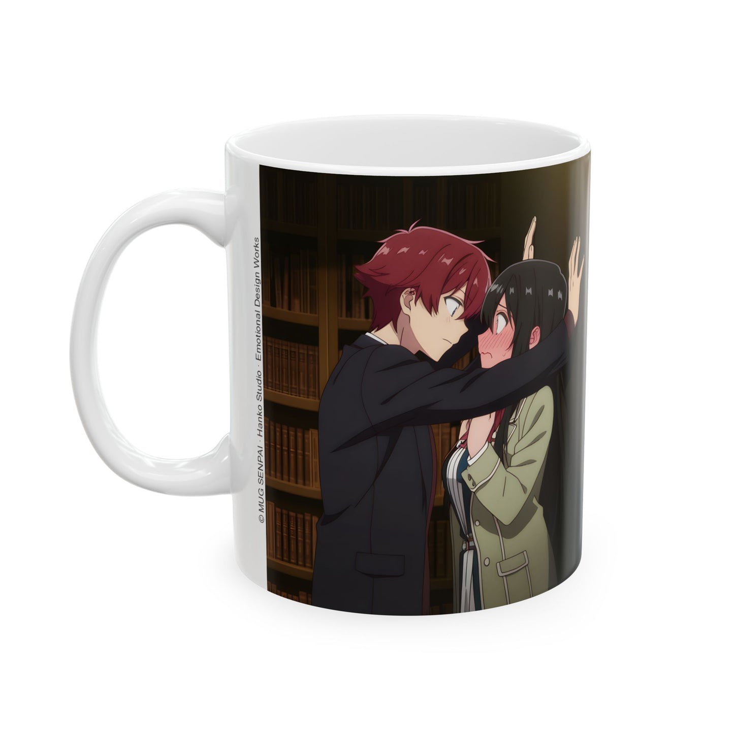 Anime Romance Mug – Heart-Stopping Kabe-Don Scene, Blushing Library Moment, Cute Couple Coffee Cup