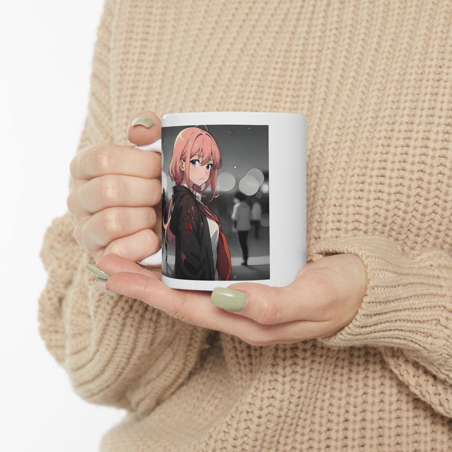 Emotional Anime Mug – Lonely Girl in Rainy Crowd, Pink Hair Manga Scene with Bokeh Lights, Sad Coffee Cup for Soft Moments