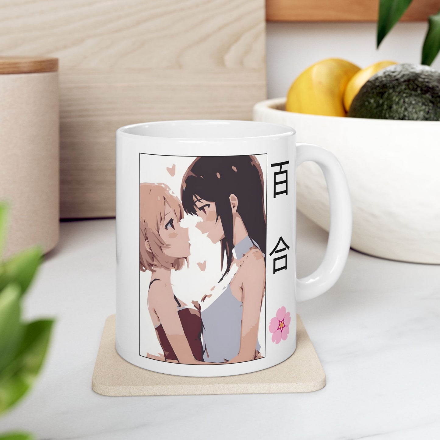 Yuri Romance Mug – Girls Love Anime Cup with Sakura Detail, Soft GL Moment for WLW Fans and Sapphic Otaku