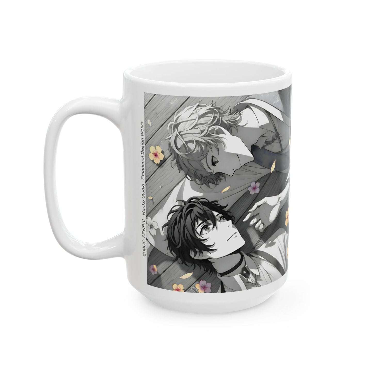 Boys Love Anime Mug – Soft Flower Petal Romance, Gentle BL Moment, Emotional Manga Coffee Cup