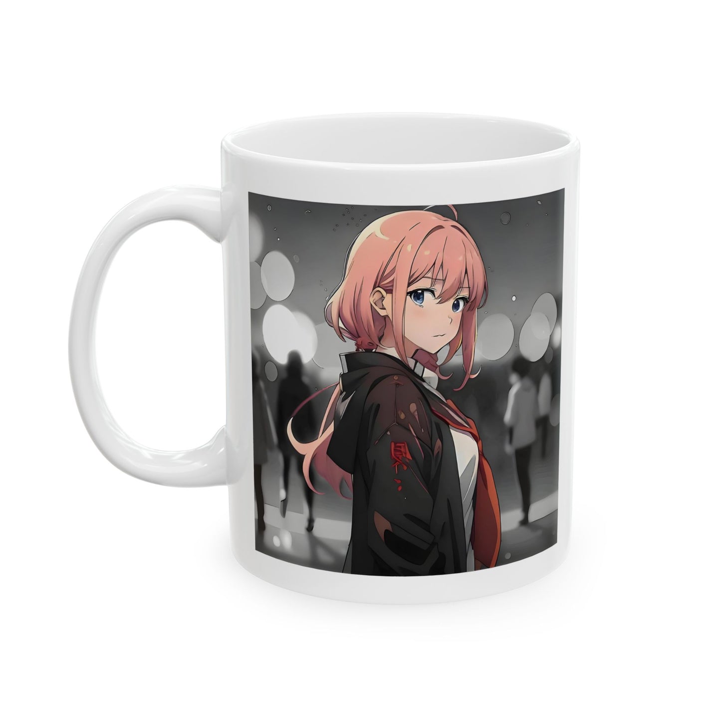 Emotional Anime Mug – Lonely Girl in Rainy Crowd, Pink Hair Manga Scene with Bokeh Lights, Sad Coffee Cup for Soft Moments
