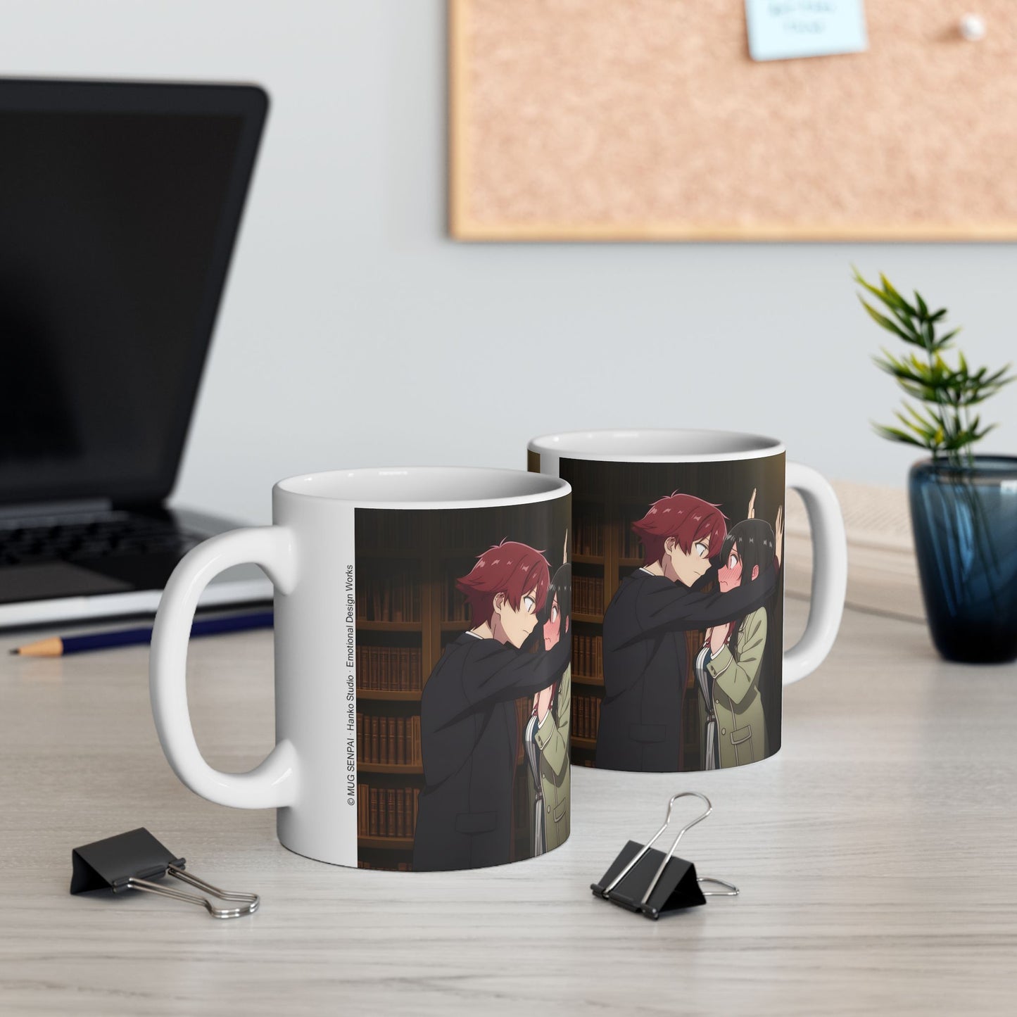 Anime Romance Mug – Heart-Stopping Kabe-Don Scene, Blushing Library Moment, Cute Couple Coffee Cup