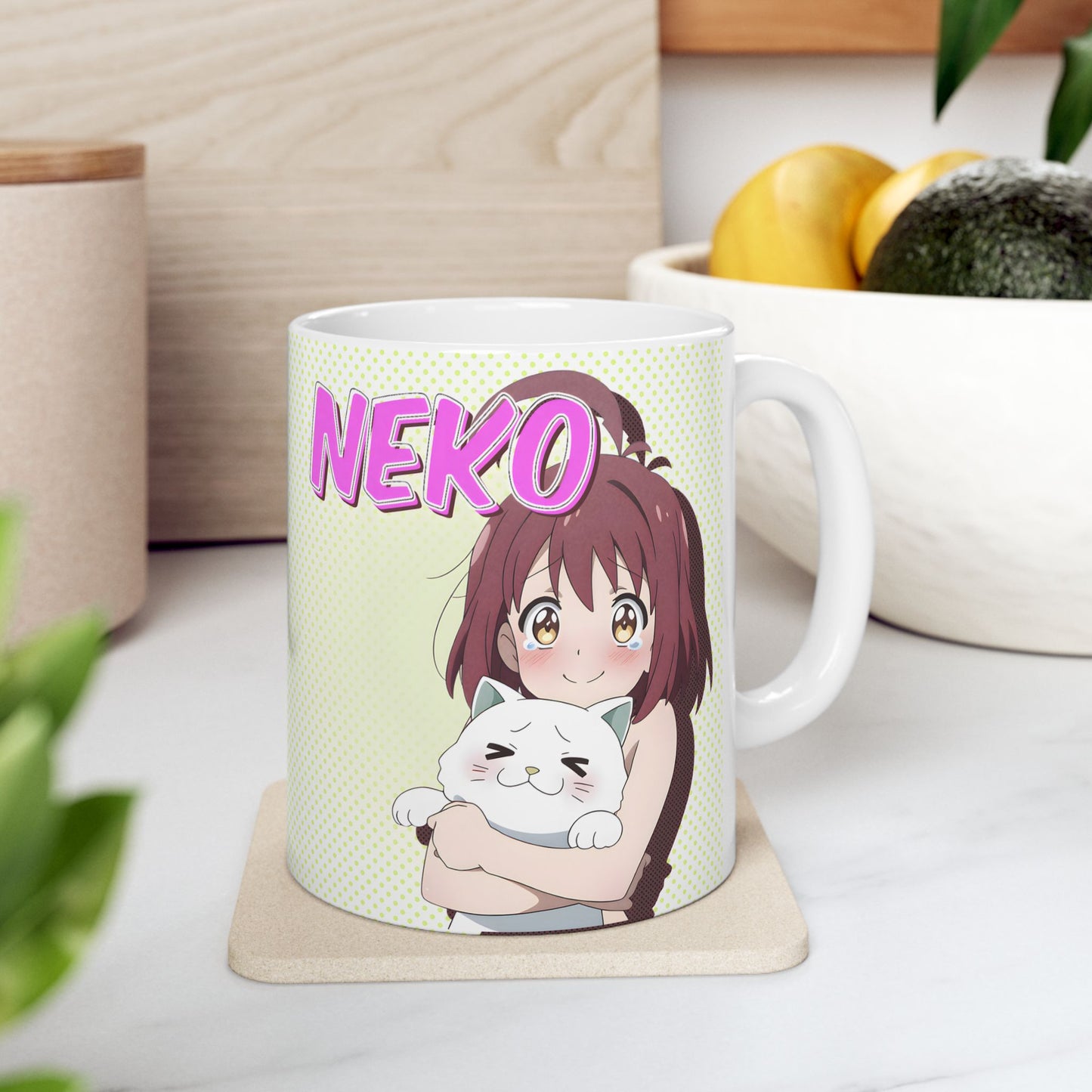 Kawaii Cat Mug – Cute Anime Girl Hugging Chubby Neko, Cozy Anime Coffee Cup for Cat Lovers