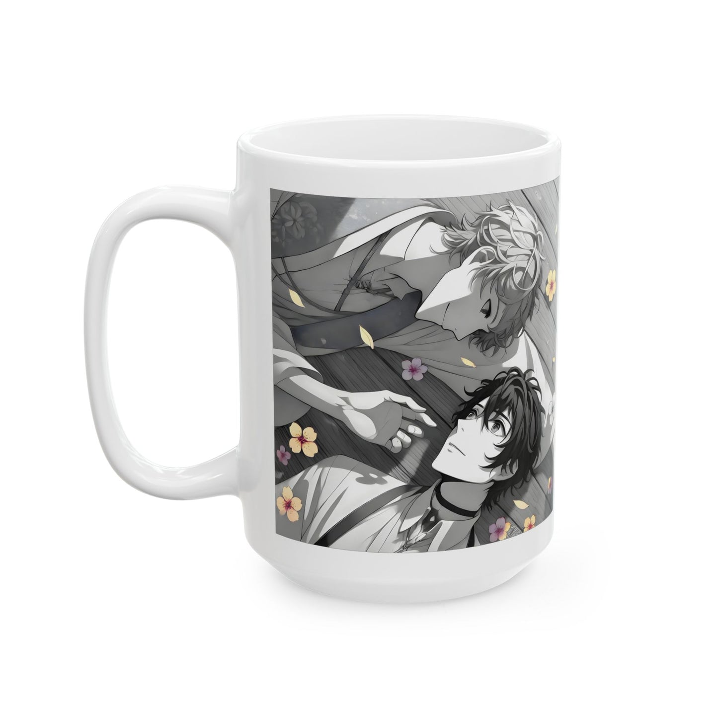 BL Anime Mug – Soft Boys Lying in Petals, Gentle Eye Contact Scene, Emotional Yaoi Coffee Cup for Quiet Love Moments