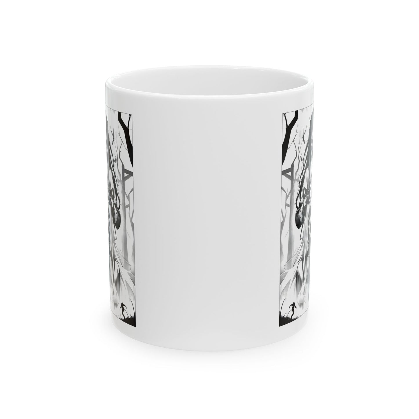 Anime Horror Mug – Creepy Ghost Girls in Forest, Gothic Black-and-White Cup with Kanji, Disturbing Coffee Gift for Horror Fans