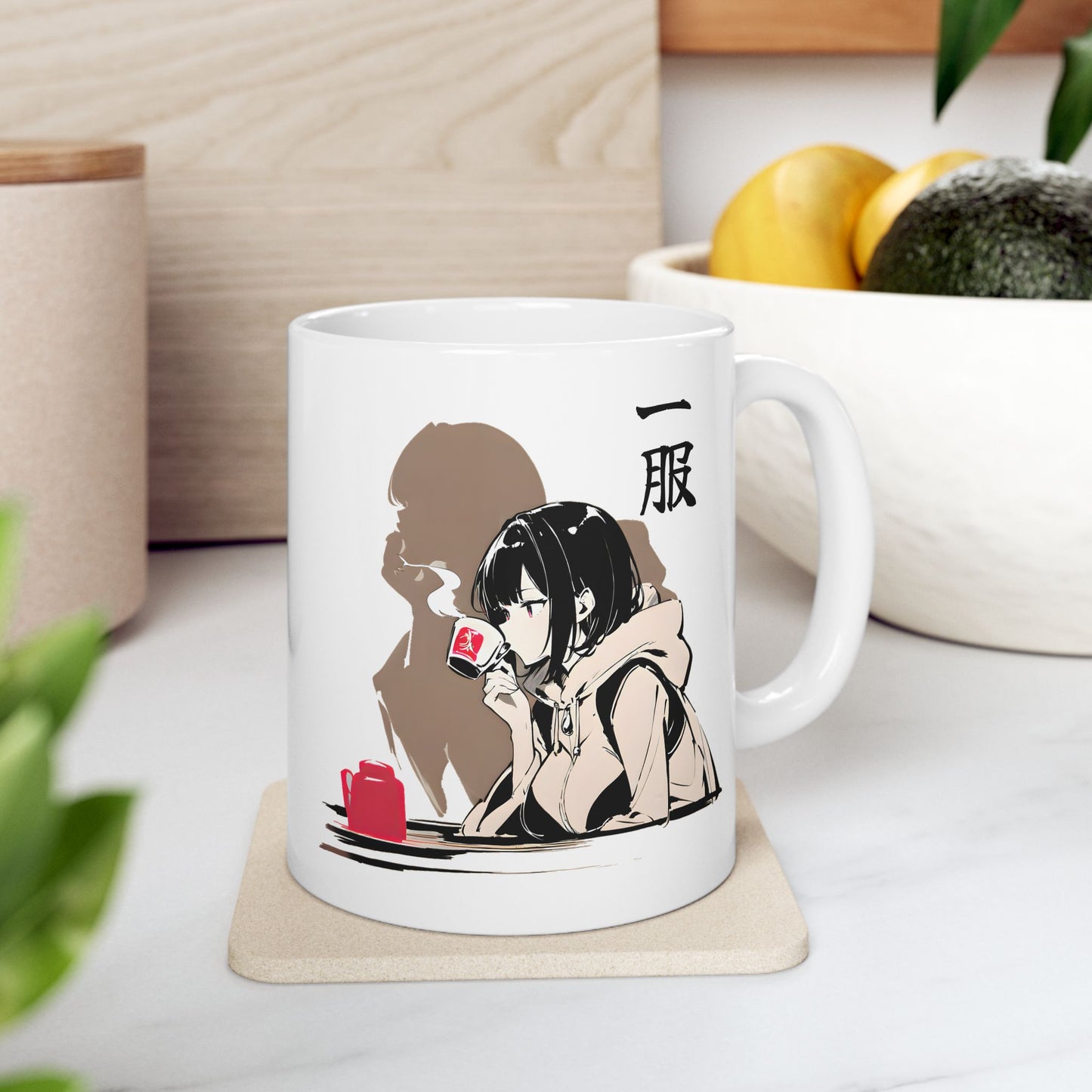 Anime Coffee Mug – Quiet Girl Sipping Tea with Shadow Silhouette, Moody Japanese Art Gift for Introverts and Anime Lovers
