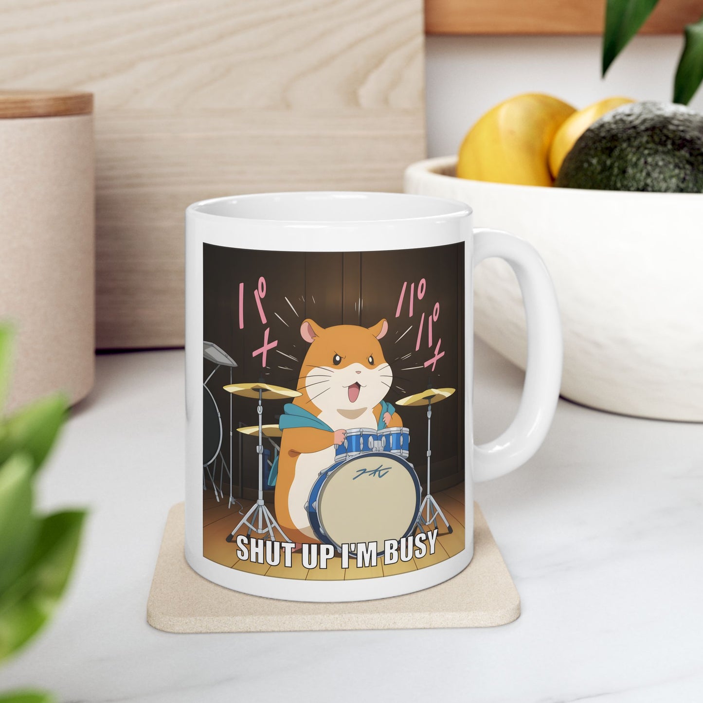 Hamster Meme Mug – Shut Up I’m Busy Drumming, Funny Kawaii Animal Cup for Office Gremlins, Overstimulated Otaku, and Loud Work Moods