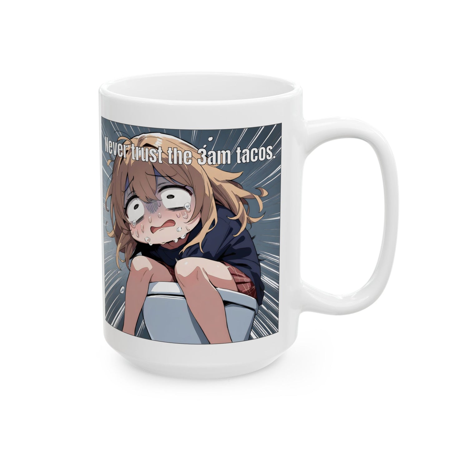 Funny Anime Mug – Crying Girl on Toilet Meme, Late Night Regret, Hilarious Gift for Anime Fans and Chaotic Foodies