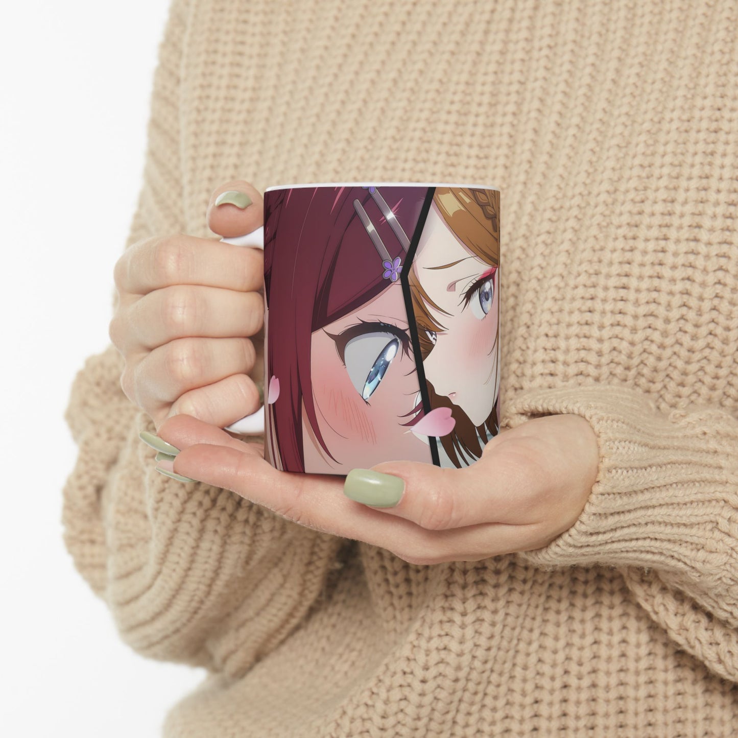 Anime Romance Mug – Blushing Rival Girls, Close-Up Love Triangle Scene, Emotional Manga Coffee Cup for Romantic Moments